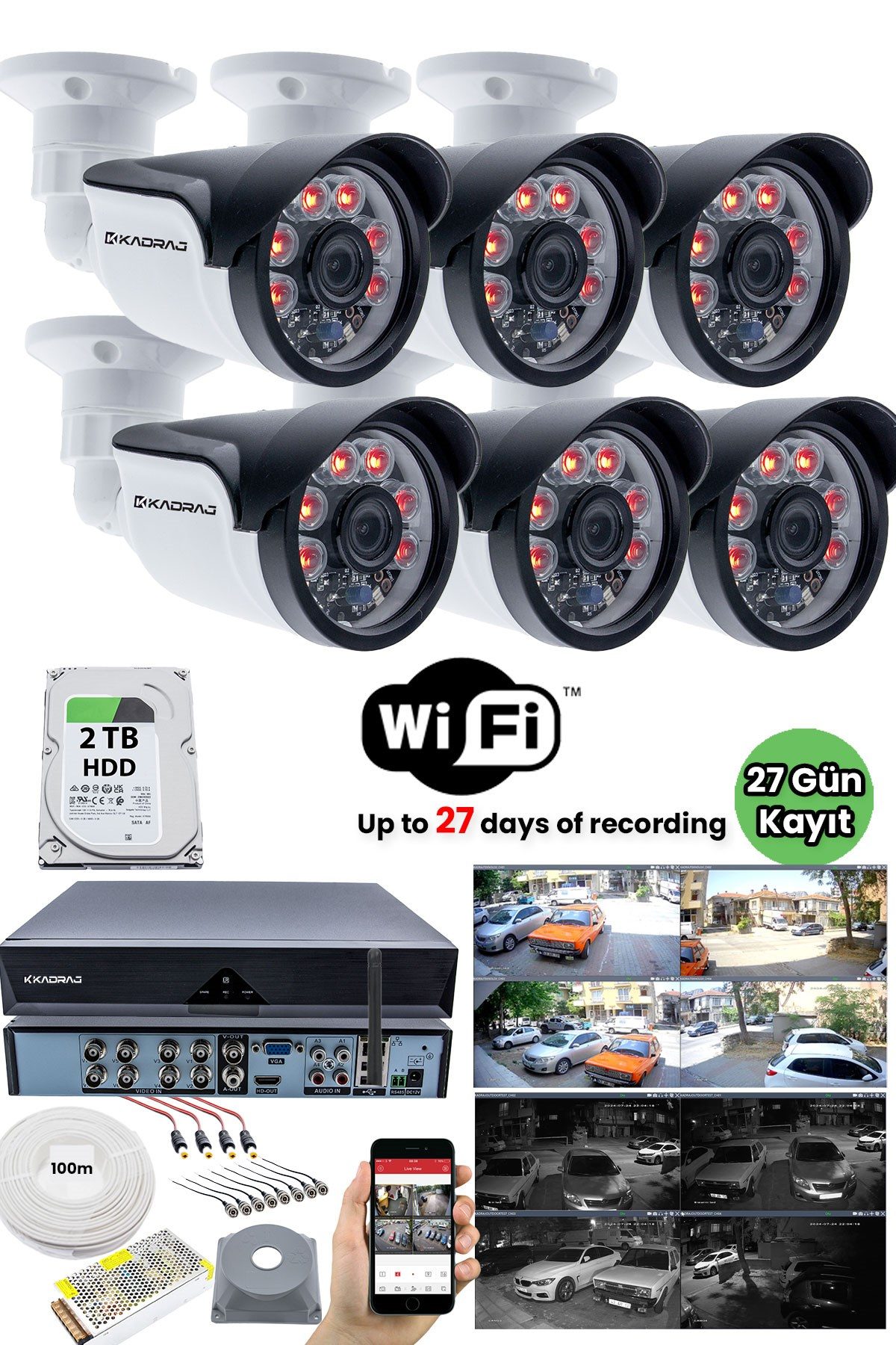 Kadraj 6 Kameralı Güvenlik Kamera Seti - 2TB H.D.D, Gece Görüşlü, Mobil İzleme, 10A SMPS