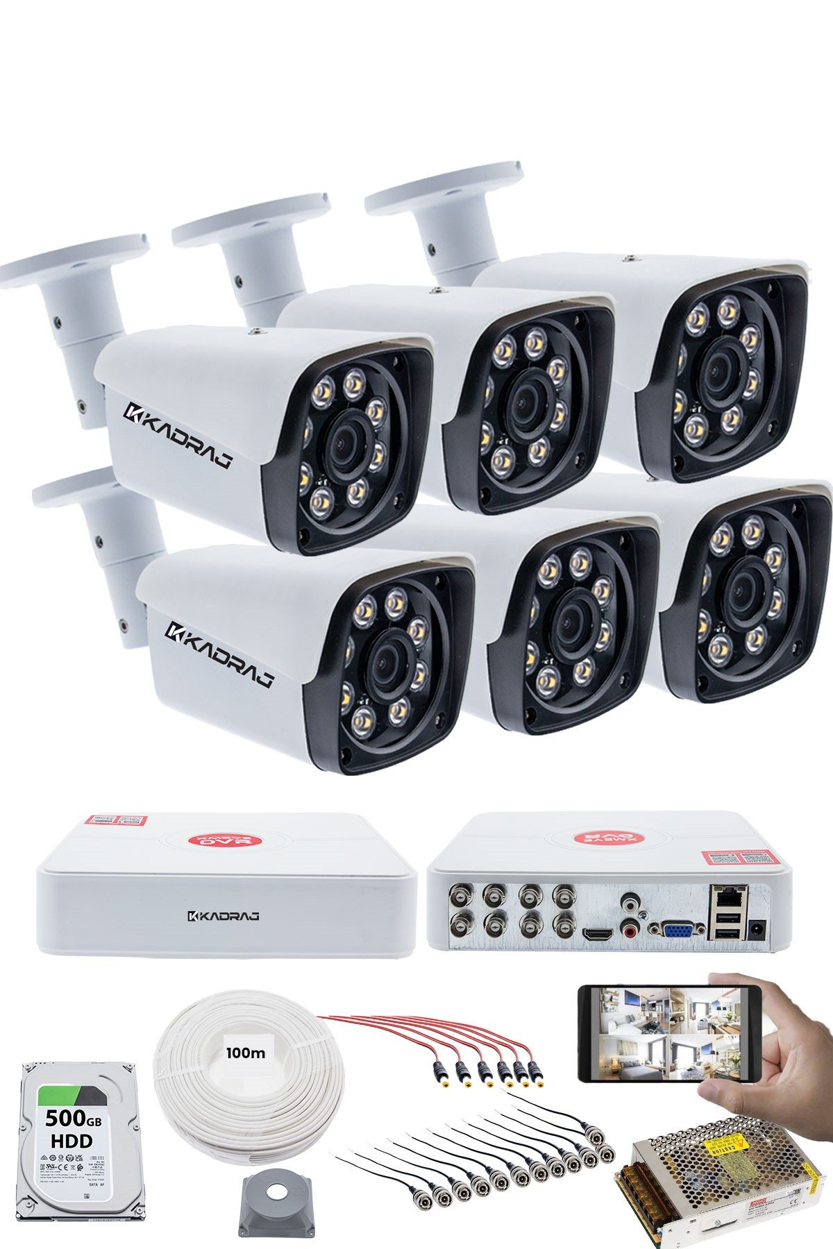 Kadraj 6 KAMERALI GÜVENLİK KAMERASI SETİ - 5MP Sony SecuLensli 1080P Full HD AHD, 8 Ultra Warm LED ,Gece Renkli, Colorvu Teknolojisi, Metal Kasa, V1