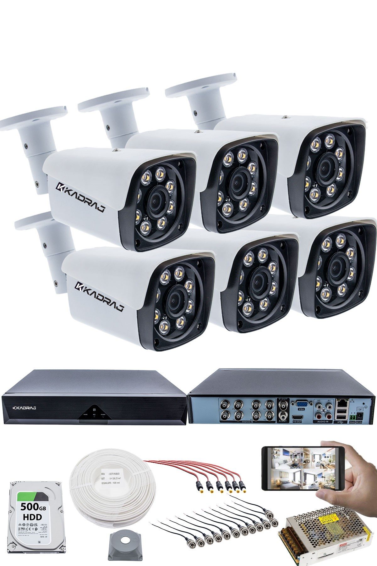 Kadraj 6 KAMERALI GÜVENLİK KAMERASI SETİ - 5MP Sony SecuLensli 1080P Full HD AHD, 8 Ultra Warm LED ,Gece Renkli, Colorvu Teknolojisi, Metal Aluminyum Kasa