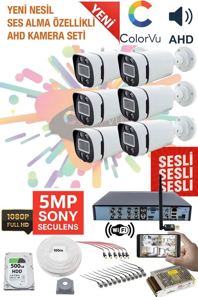 Kadraj 6 Kameralı Sesli Kamera Seti 5MP Sony SecuLensli 1080P, 4 Warm LED, Gece Renkli, Full HD AHD Güvenlik Kamerası Seti, ColorVu, Plastik Kasa