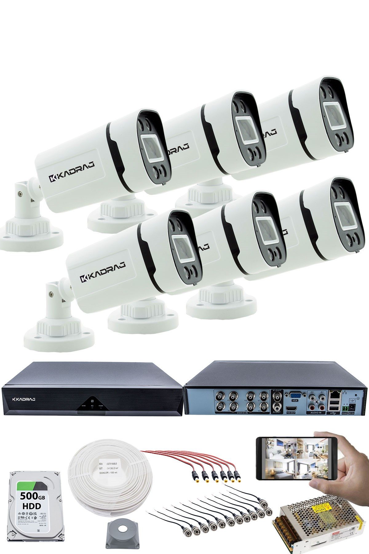 Kadraj 6 Kameralı Set 5MP Sony SecuLensli 1080P, 4 Warm LED, Gece Renkli, Full HD AHD Güvenlik Kamerası Seti, ColorVu, Plastik Kasa