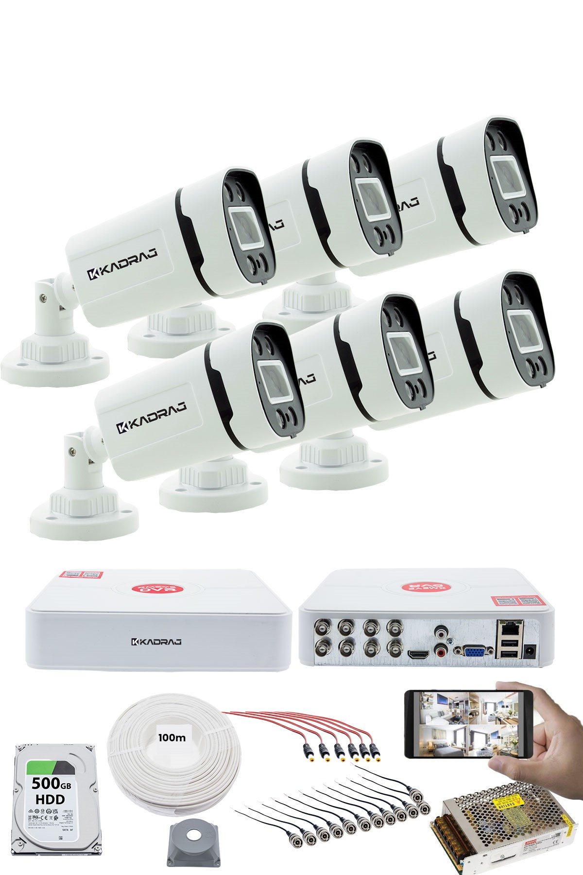 Kadraj 6 Kameralı Set 5MP Sony SecuLensli 1080P, 4 Warm LED, Gece Renkli, Full HD AHD Güvenlik Kamerası Seti, ColorVu, V1