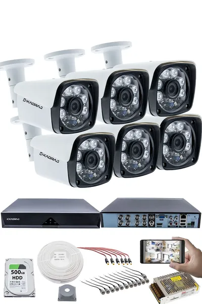 Kadraj 6 Kameralı Set 5MP Sony SecuLensli 1080P Full HD, 6 Atom LED, AHD Güvenlik Kamerası Seti, Gece Görüşlü, Metal Kasa