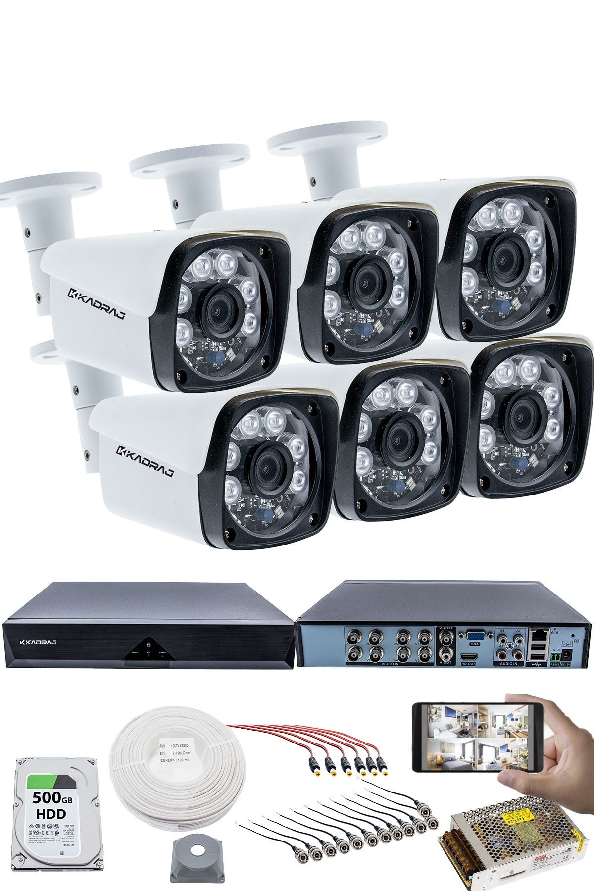 Kadraj 6 Kameralı Set 5MP Sony SecuLensli 1080P Full HD, 6 Atom LED, AHD Güvenlik Kamerası Seti, Gece Görüşlü, Metal Kasa