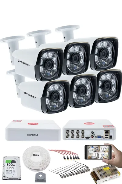Kadraj 6 Kameralı Set 5MP Sony SecuLensli 1080P Full HD, 6 Atom LED, AHD Güvenlik Kamerası Seti, Gece Görüşlü, Metal Kasa