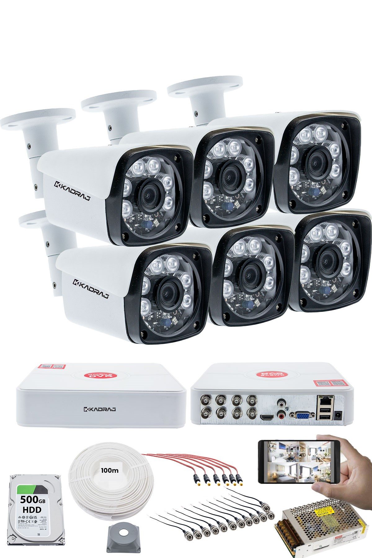 Kadraj 6 Kameralı Set 5MP Sony SecuLensli 1080P Full HD, 6 Atom LED, AHD Güvenlik Kamerası Seti, Gece Görüşlü, Metal Kasa