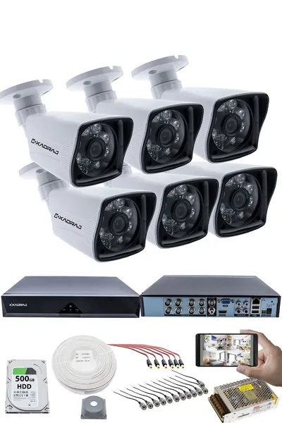 Kadraj 6 KAMERALI SET - 5MP Sony SecuLensli 1080P Full HD AHD, 6 Atom LED, Gece Görüşlü, IP66 Su Geçirmez, Güvenlik Kamerası, Plastik Kasa