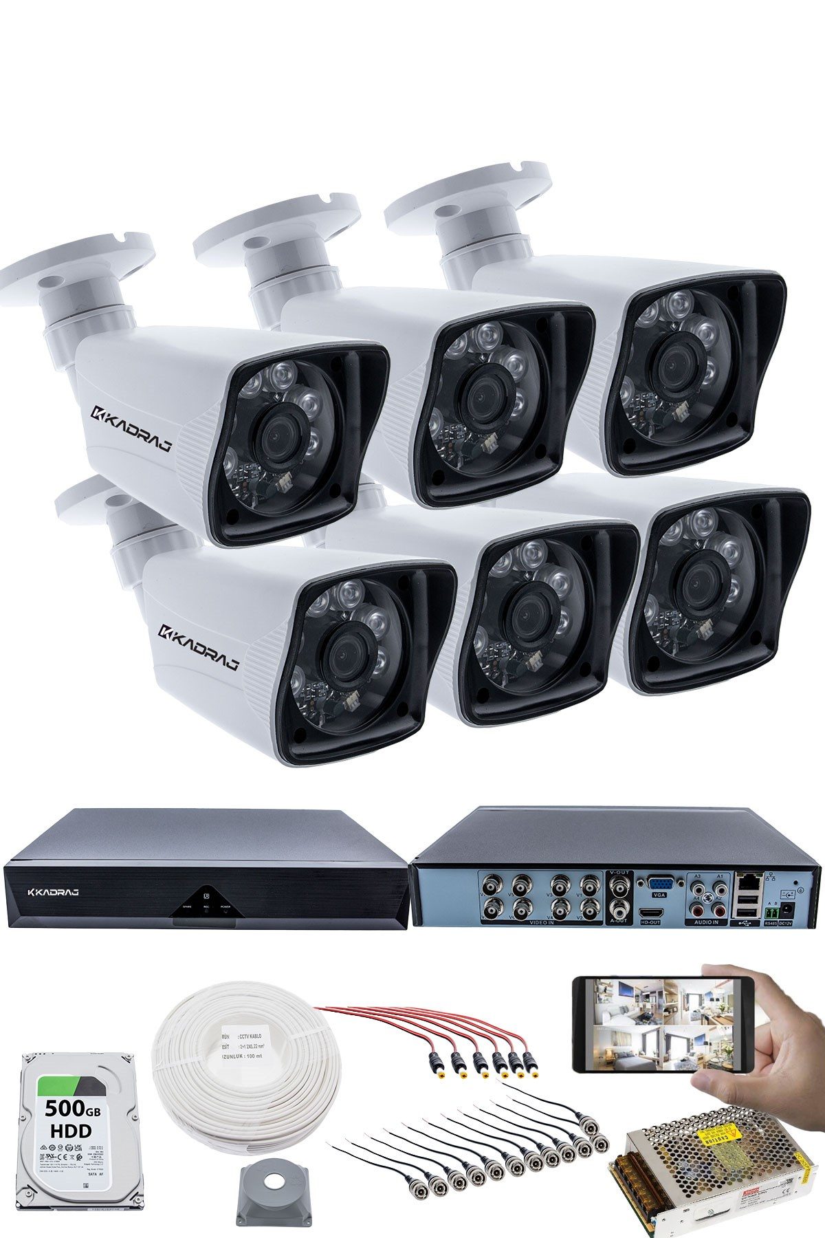 Kadraj 6 KAMERALI SET - 5MP Sony SecuLensli 1080P Full HD AHD, 6 Atom LED, Gece Görüşlü, IP66 Su Geçirmez, Güvenlik Kamerası, Plastik Kasa