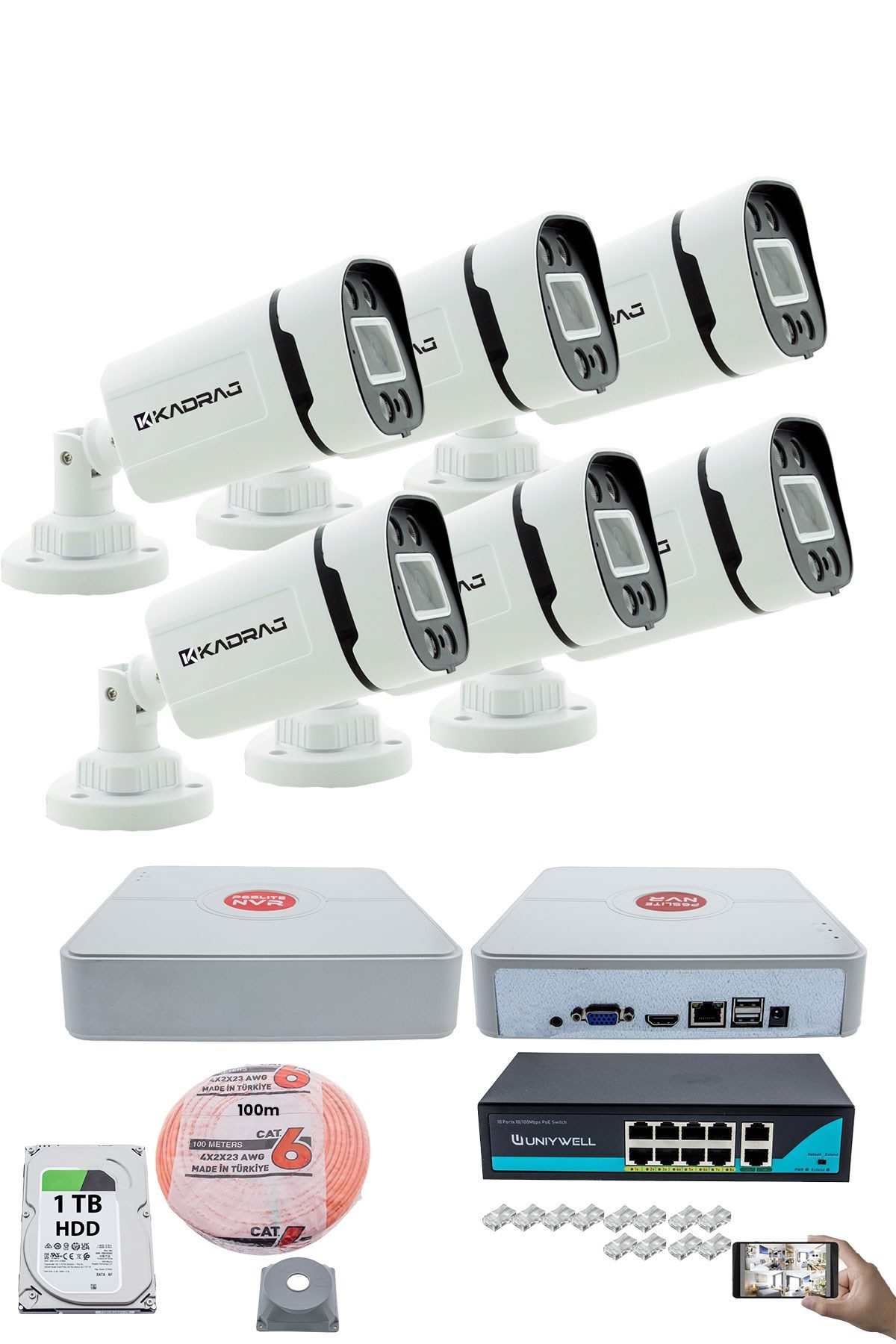 Kadraj 6'lı Güvenlik IP Kamera Seti - 4MP Dış Mekan Kamera, 3.6mm Lens, H.265, PoE, Warm IR Gece Görüşü, 9 Kanal NVR, 8 Port PoE Switch, 1TB HDD ve 100 Metre