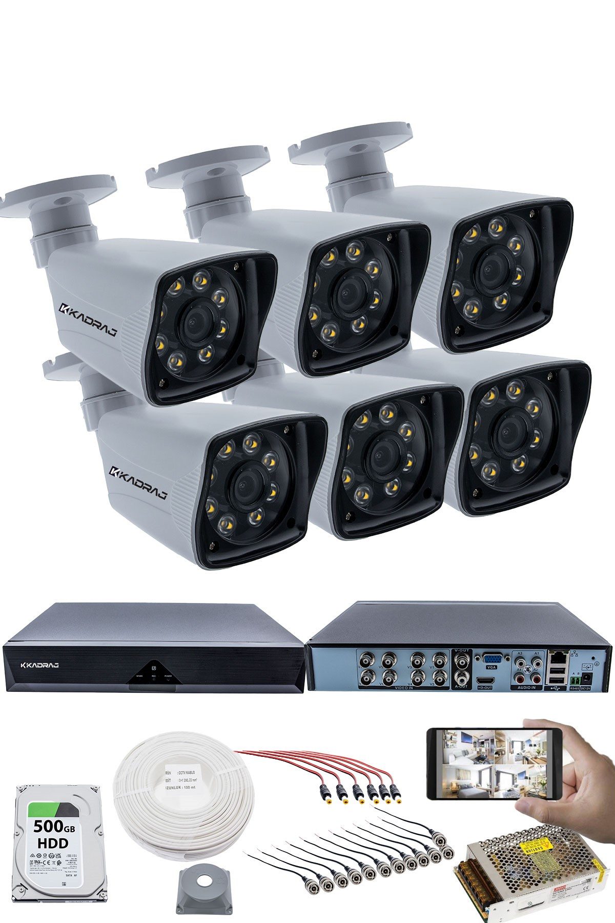 Kadraj 6'LI GÜVENLİK KAMERASI SETİ - 5MP Sony SecuLensli 1080p Full HD AHD, 8 Ultra Warm LED, Gece Renkli, Plastik Kasa