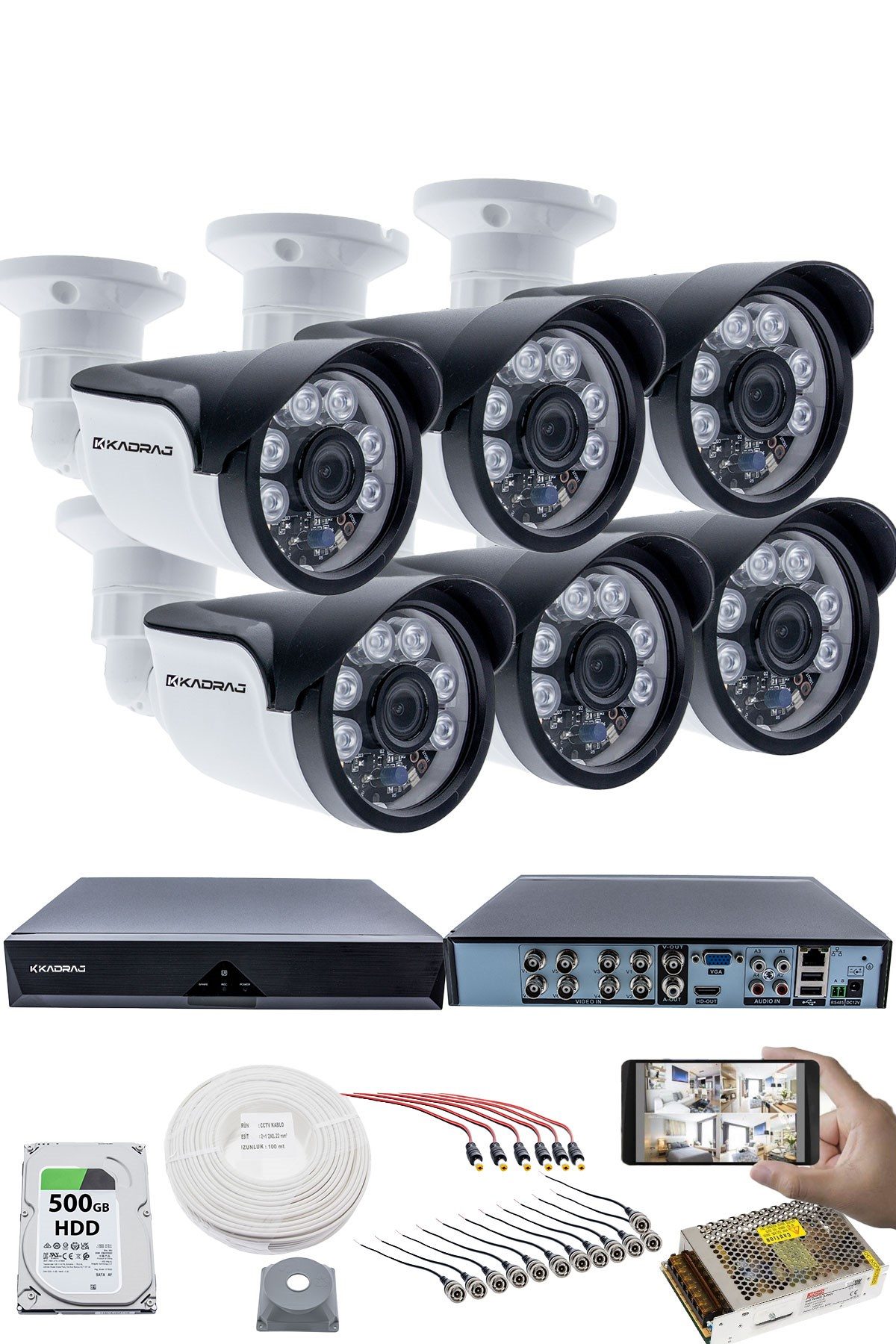 Kadraj 6'lı Kamera Seti 5MP Sony SecuLensli 1080p, 6 Atom LED, Full HD AHD Güvenlik Kamerası Seti , Gece Görüşlü, IP66 Plastik Kasa