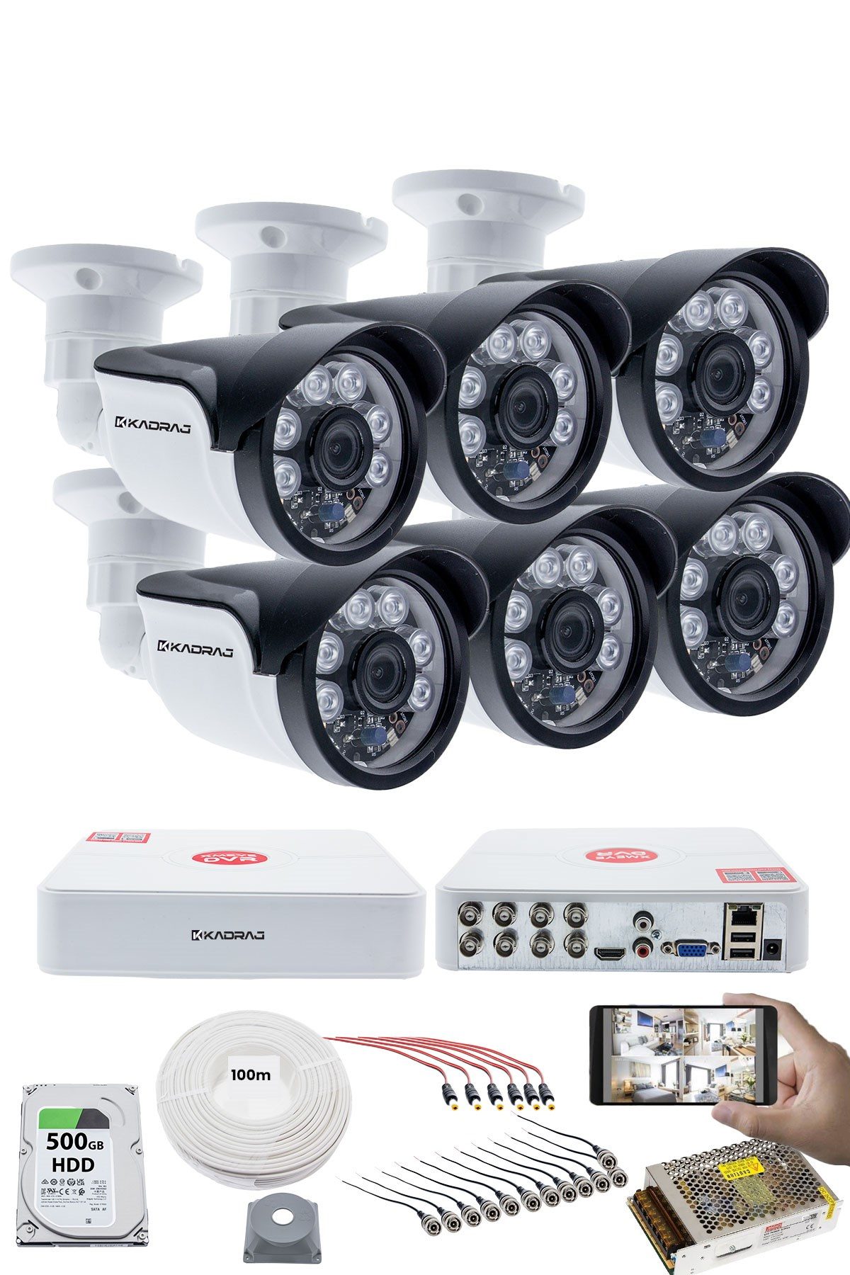 Kadraj 6'lı Kamera Seti 5MP Sony SecuLensli 1080p, 6 Atom LED, Full HD AHD Güvenlik Kamerası Seti , Gece Görüşlü, IP66 , V1