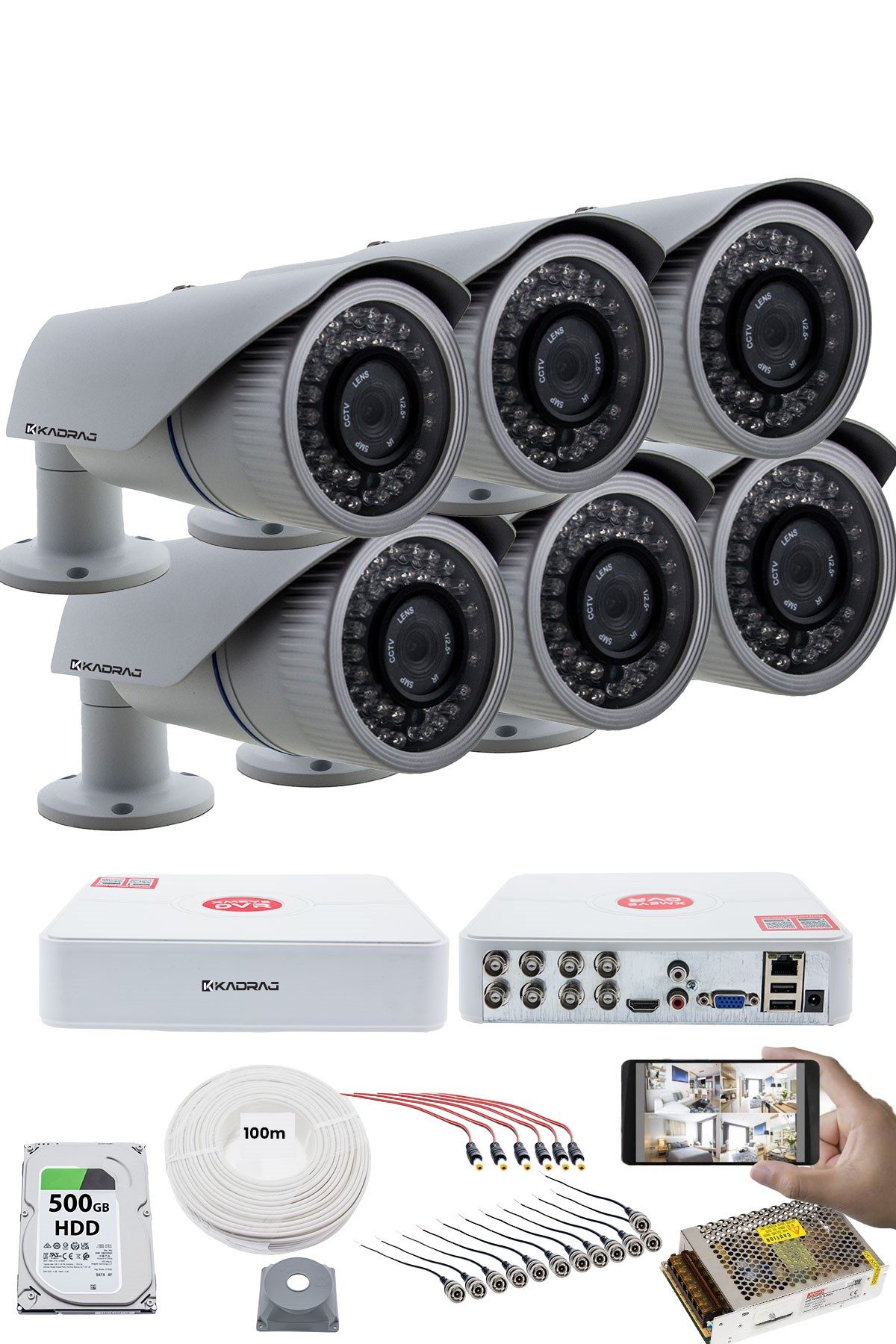 Kadraj 6'LI KAMERALI GÜVENLİK KAMERASI SETİ - 5MP Sony SecuLensli 1080p AHD, 42 IR LED,Gece Görüşlü, V1