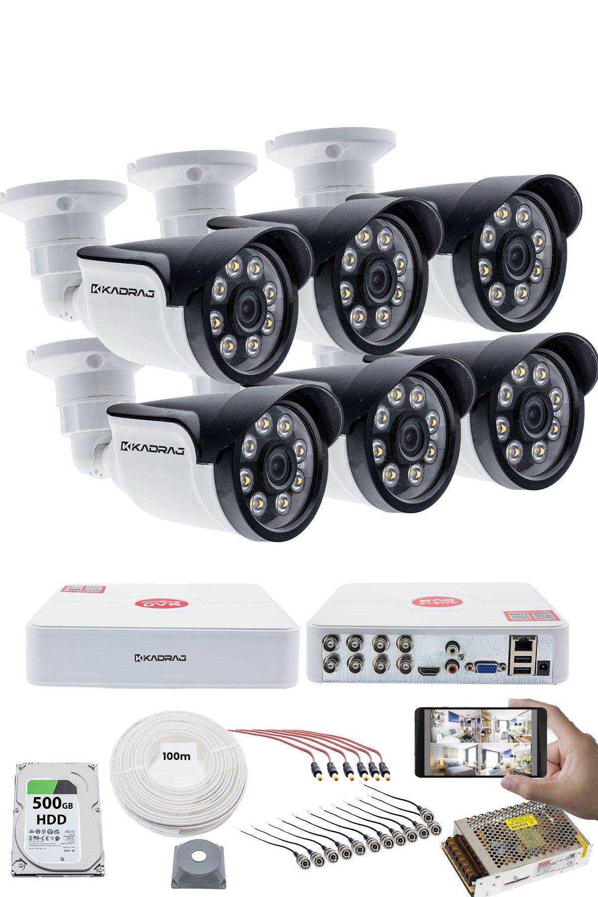 Kadraj 6'LI KAMERALI GÜVENLİK KAMERASI SETİ - 5MP Sony SecuLensli 1080p AHD, 8 Warm LED, Colorvu Gece Renkli Görüş, V1