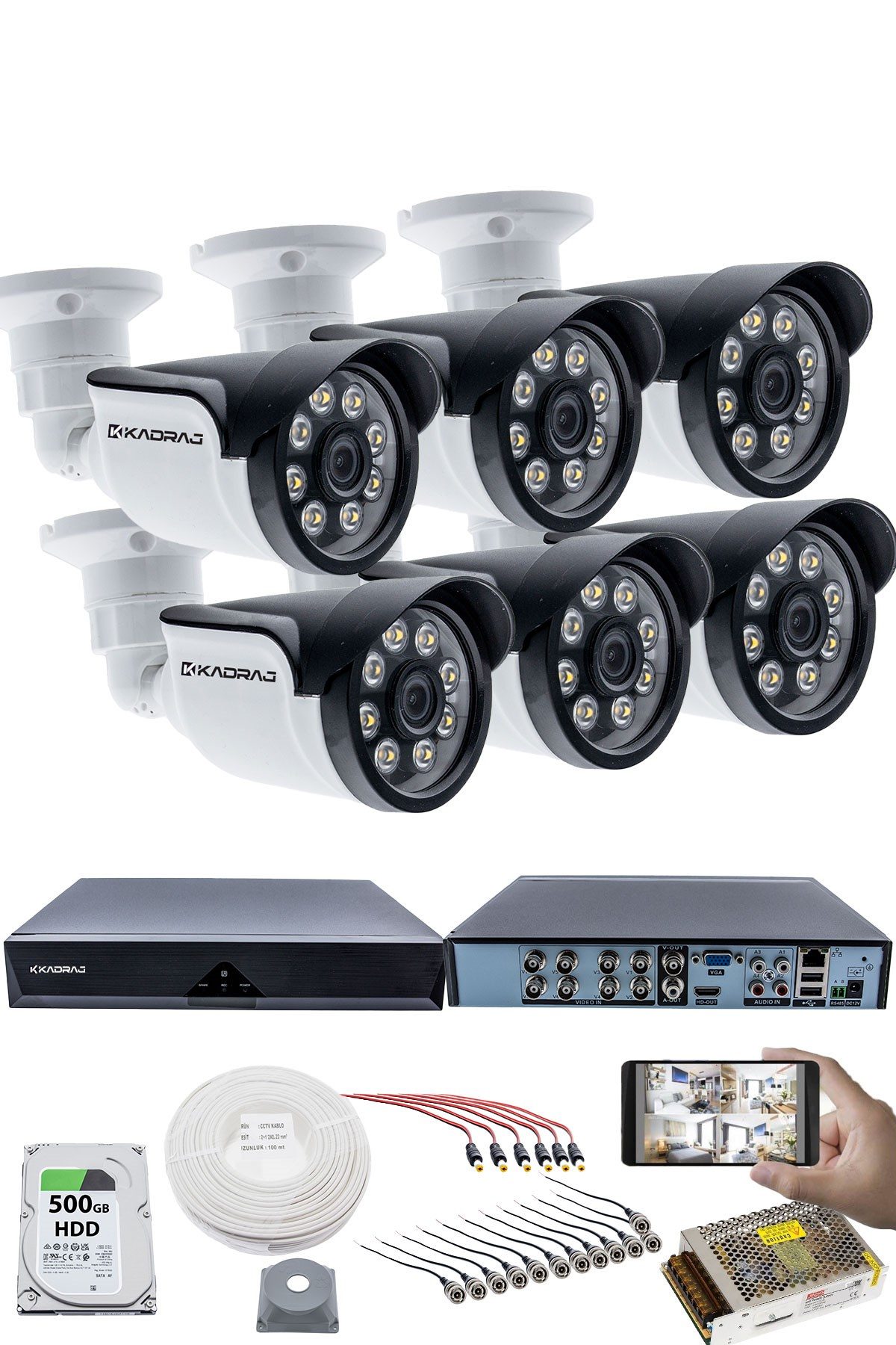 Kadraj 6'LI KAMERALI GÜVENLİK KAMERASI SETİ - 5MP Sony SecuLensli 1080p AHD, 8 Warm LED, Colorvu Gece Renkli Görüş