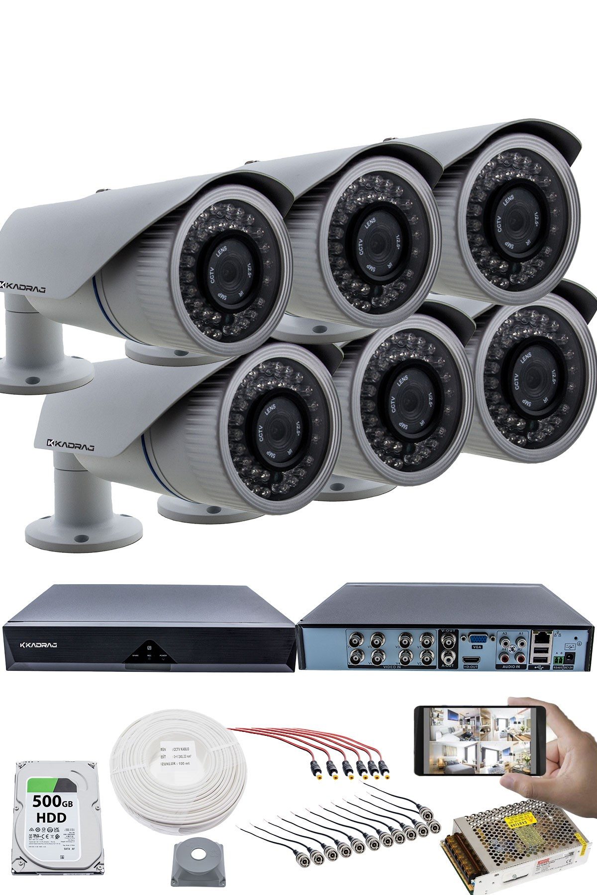 Kadraj 6'LI KAMERALI GÜVENLİK KAMERASI SETİ - 5MP Sony SecuLensli 1080p AHD, 42 IR LED,Gece Görüşlü, Metal Kasa