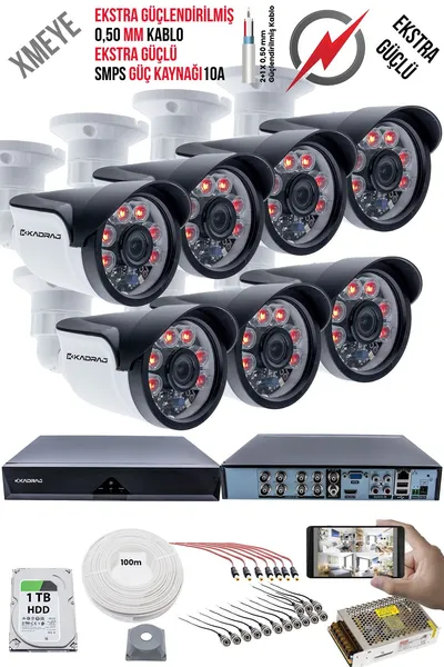 Kadraj 7 Kameralı Güvenlik Kamera Seti - Ekstra Uzun Mesafeli Güçlü, 5MP Sony Lens, 70m Dayanıklı Kablolama, 6 Atom LED, 1TB H.D.D