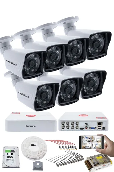 Kadraj 7 KAMERALI GÜVENLİK KAMERASI SETİ - 5MP Sony SecuLensli 1080P Full HD AHD, 6 Atom LED, Gece Görüşlü, IP66 Su Geçirmez, V1