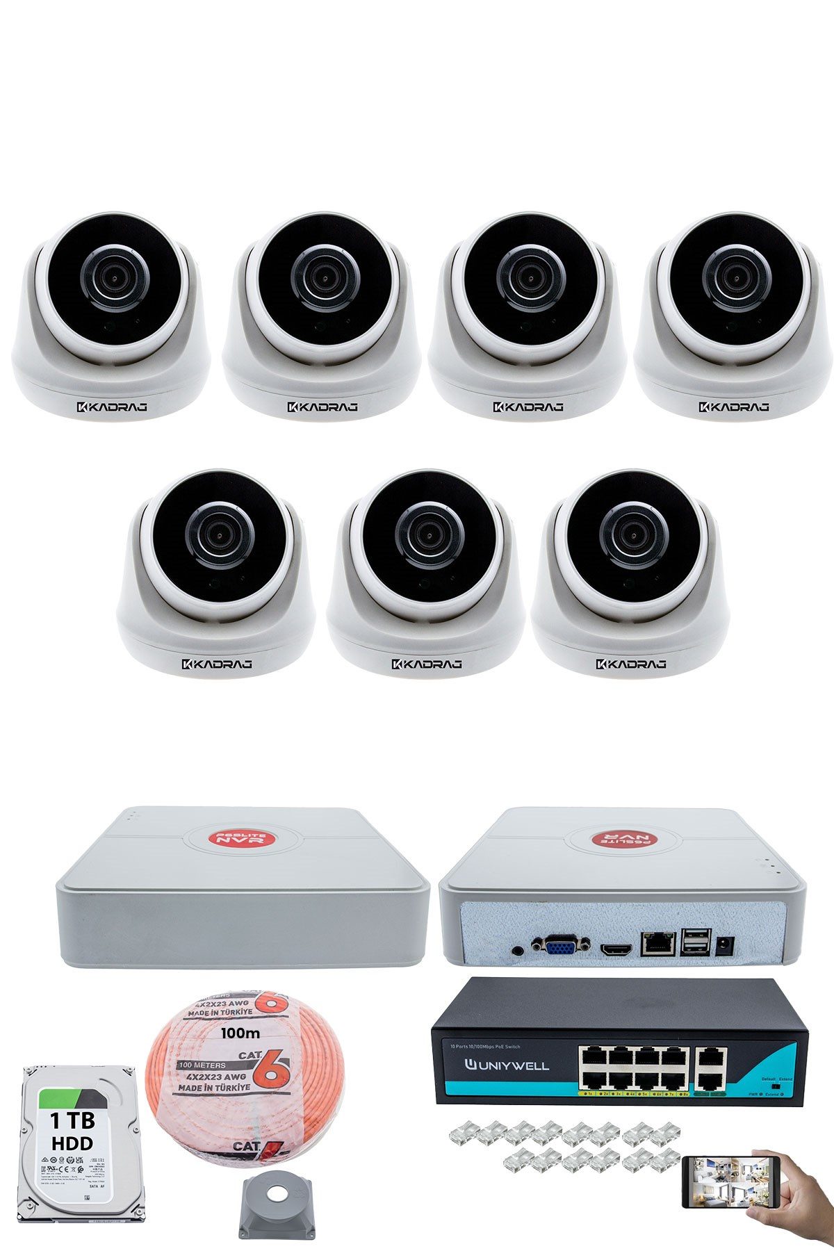 Kadraj 7 Kameralı IP Dome Güvenlik Kamerası Seti | 4MP Ultra HD, 30m Gece Görüş, Ses Alma, Uzaktan İzleme