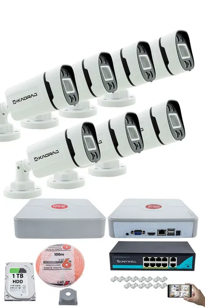 Kadraj 7'li Güvenlik IP Kamera Seti - 4MP Dış Mekan Kamera, 3.6mm Lens, H.265, PoE, Warm IR Gece Görüşü, 9 Kanal NVR, 8 Port PoE Switch, 1TB HDD ve 100 Metre