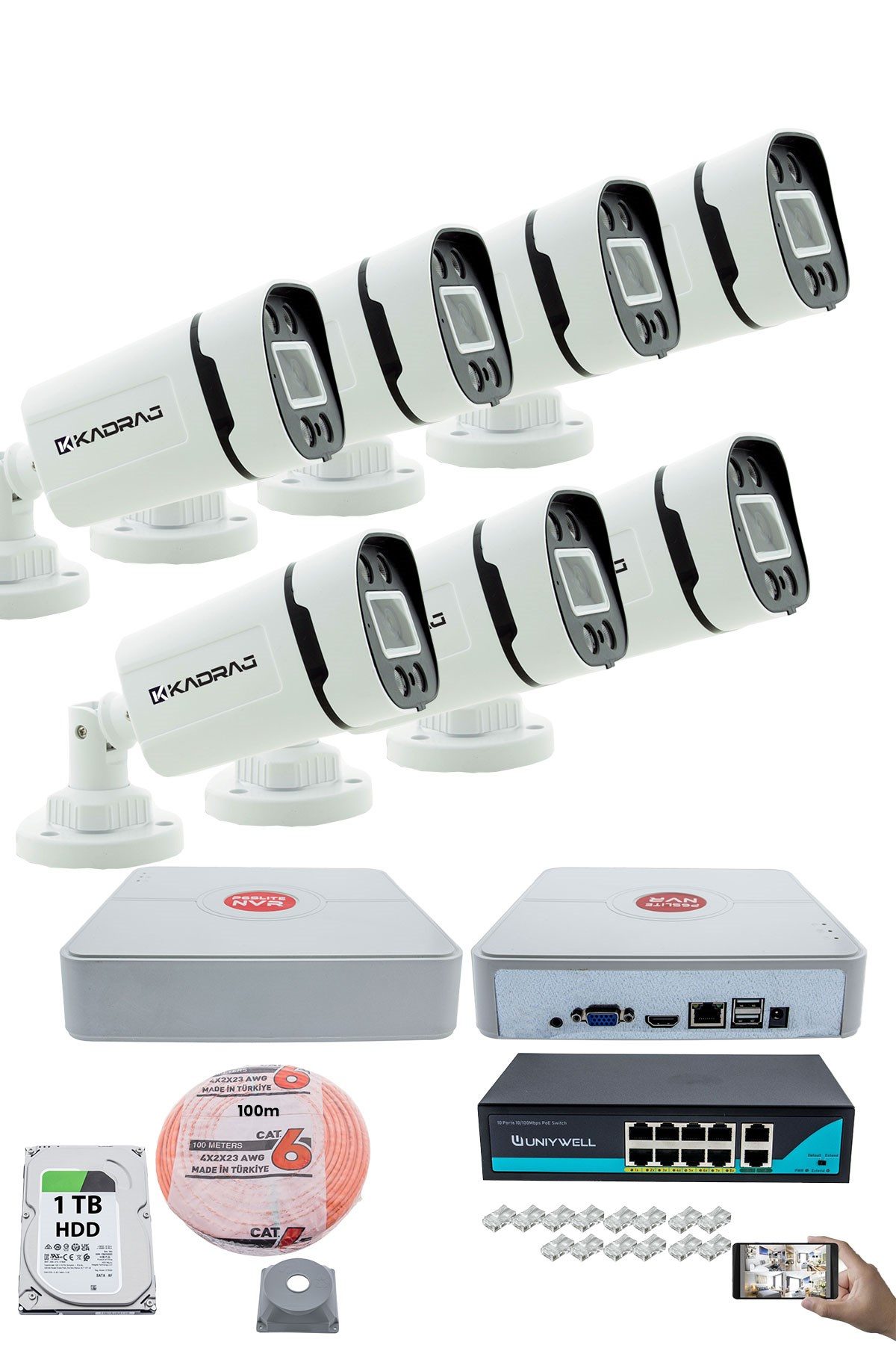 Kadraj 7'li Güvenlik IP Kamera Seti - 4MP Dış Mekan Kamera, 3.6mm Lens, H.265, PoE, Warm IR Gece Görüşü, 9 Kanal NVR, 8 Port PoE Switch, 1TB HDD ve 100 Metre