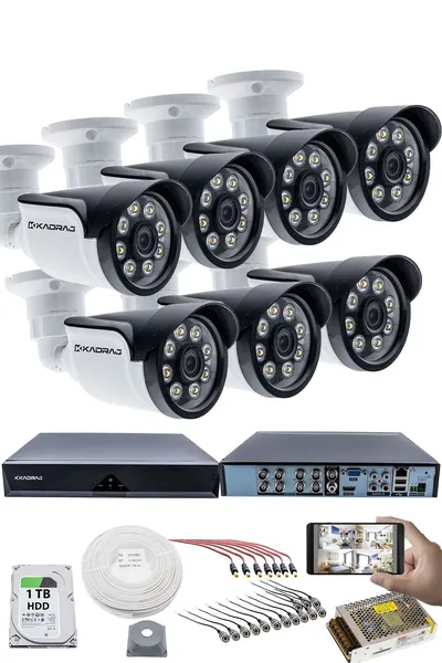 Kadraj 7'LI GÜVENLİK KAMERASI SETİ - 5MP Sony SecuLensli 1080p AHD, 8 Warm LED, Colorvu Gece Renkli Görüş, 1TB Disk