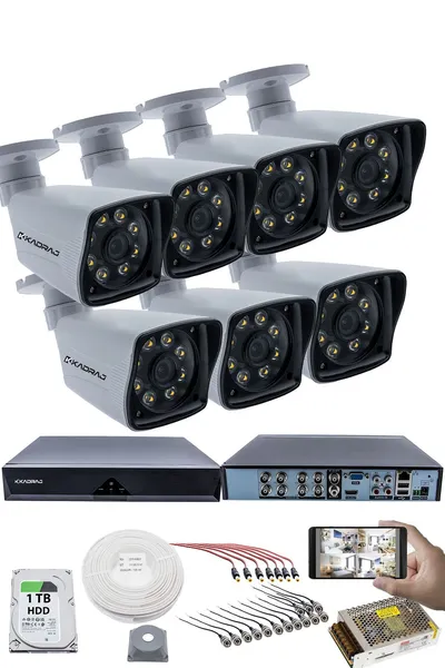 Kadraj 7'LI GÜVENLİK KAMERASI SETİ - 5MP Sony SecuLensli 1080p Full HD AHD, 8 Ultra Warm LED, Gece Renkli , Plastik Kasa