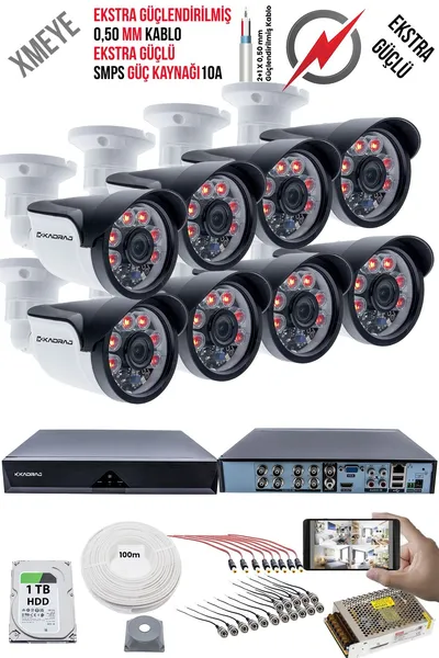 Kadraj 8 Kameralı Güvenlik Kamera Seti - Ekstra Uzun Mesafeli Güçlü, 5MP Sony Lens, 70m Dayanıklı Kablolama, 6 Atom LED, 1TB H.D.D