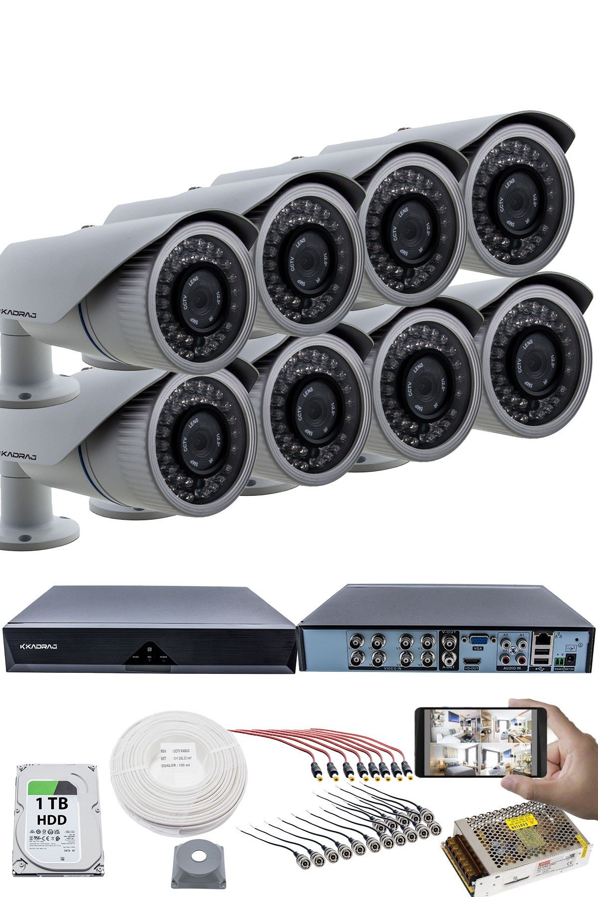 Kadraj 8 KAMERALI GÜVENLİK KAMERASI SETİ - 5MP Sony SecuLensli 1080P AHD, 42 IR LED, Gece Görüş,Metal Kasa