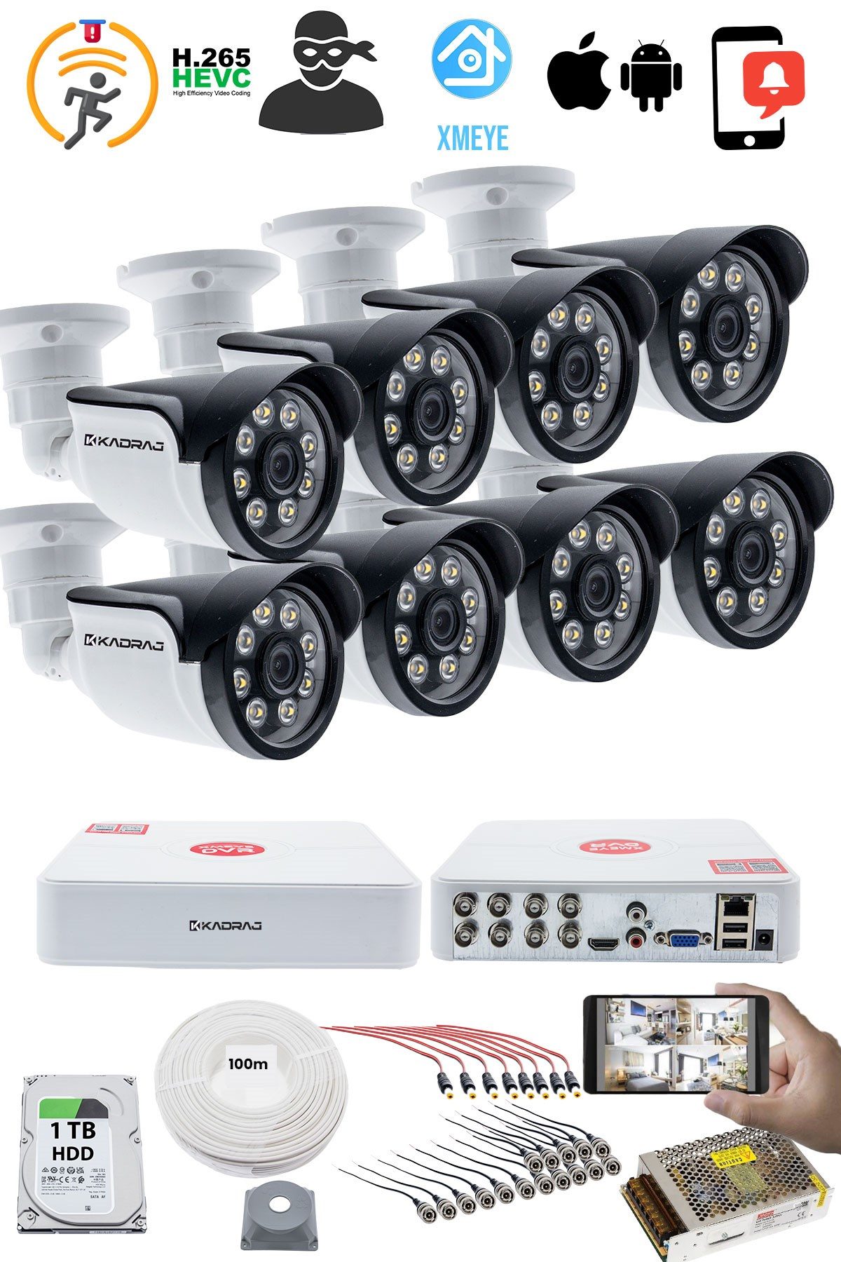Kadraj 8 KAMERALI GÜVENLİK KAMERASI SETİ - 5MP Sony SecuLensli 1080P AHD, 8 Warm LED, Colorvu Gece Renkli Görüş, V1