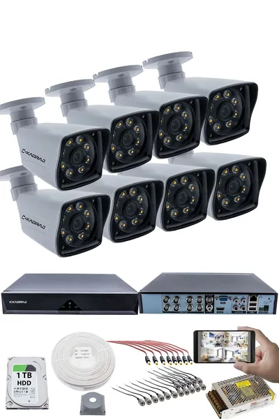 Kadraj 8 KAMERALI GÜVENLİK KAMERASI SETİ - 5MP Sony SecuLensli 1080P Full HD AHD, 8 Ultra Warm LED, Gece Renkli Görüşlü, Plastik Kasa