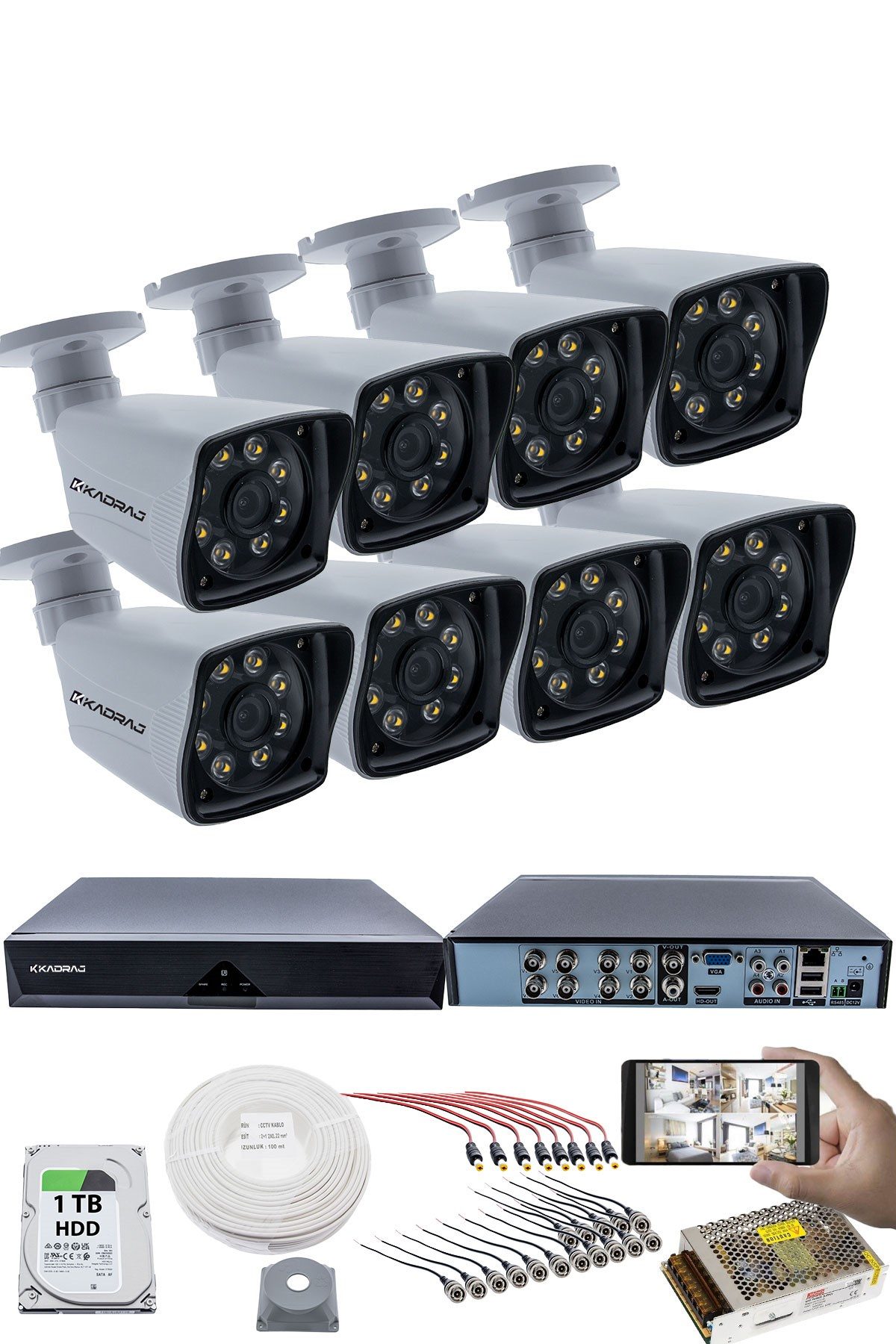 Kadraj 8 KAMERALI GÜVENLİK KAMERASI SETİ - 5MP Sony SecuLensli 1080P Full HD AHD, 8 Ultra Warm LED, Gece Renkli Görüşlü, Plastik Kasa