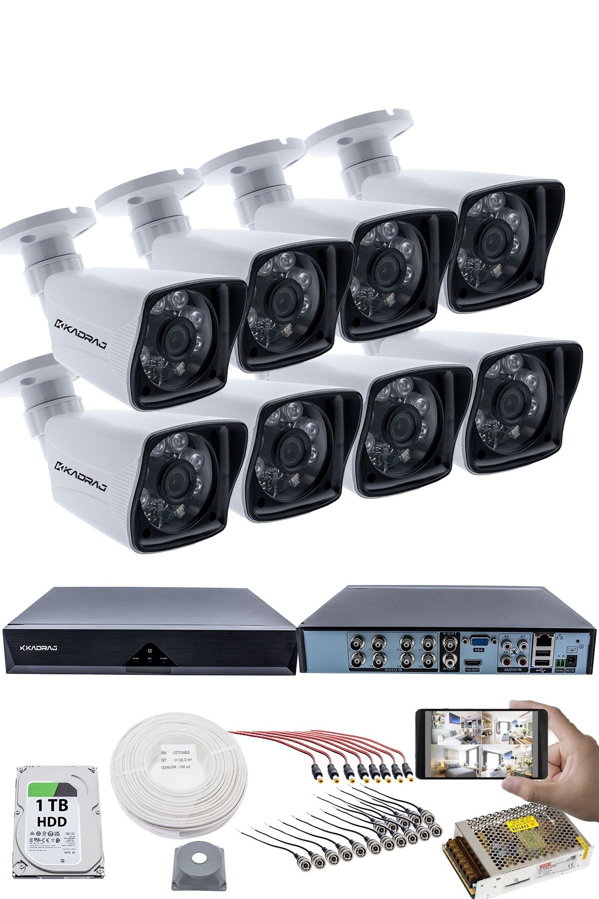 Kadraj 8 KAMERALI GÜVENLİK KAMERASI SETİ - 5MP Sony SecuLensli 1080P Full HD AHD, 6 Atom LED, Gece Görüşlü, IP66 Su Geçirmez, Plastik Kasa