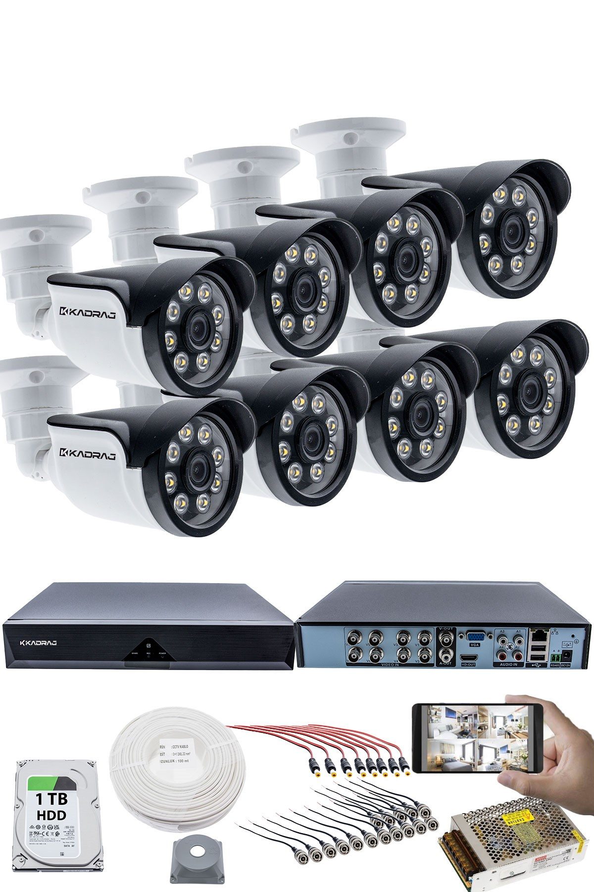 Kadraj 8 KAMERALI GÜVENLİK KAMERASI SETİ - 5MP Sony SecuLensli 1080P AHD, 8 Warm LED, Colorvu Gece Renkli Görüş, 1TB Disk
