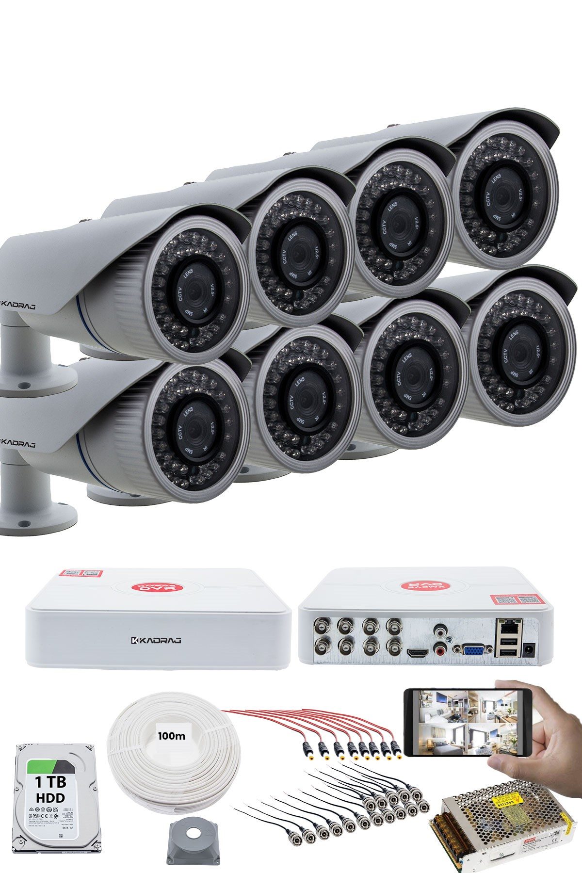 Kadraj 8 KAMERALI GÜVENLİK KAMERASI SETİ - 5MP Sony SecuLensli 1080P AHD, 42 IR LED, Gece Görüş,Metal Kasa,V1