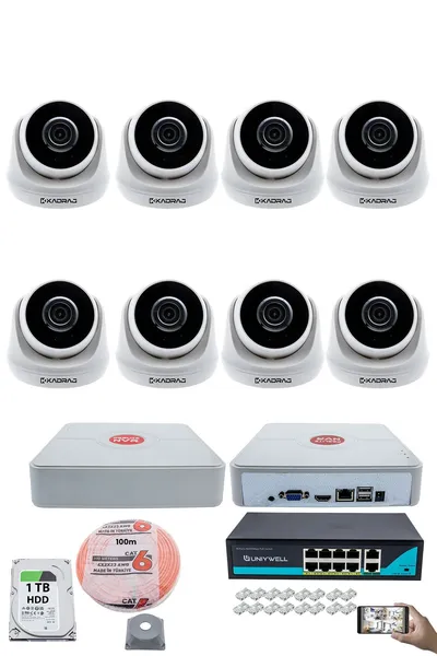 Kadraj 8 Kameralı IP Dome Güvenlik Kamerası Seti | 4MP Ultra HD, 30m Gece Görüş, Ses Alma, Uzaktan İzleme