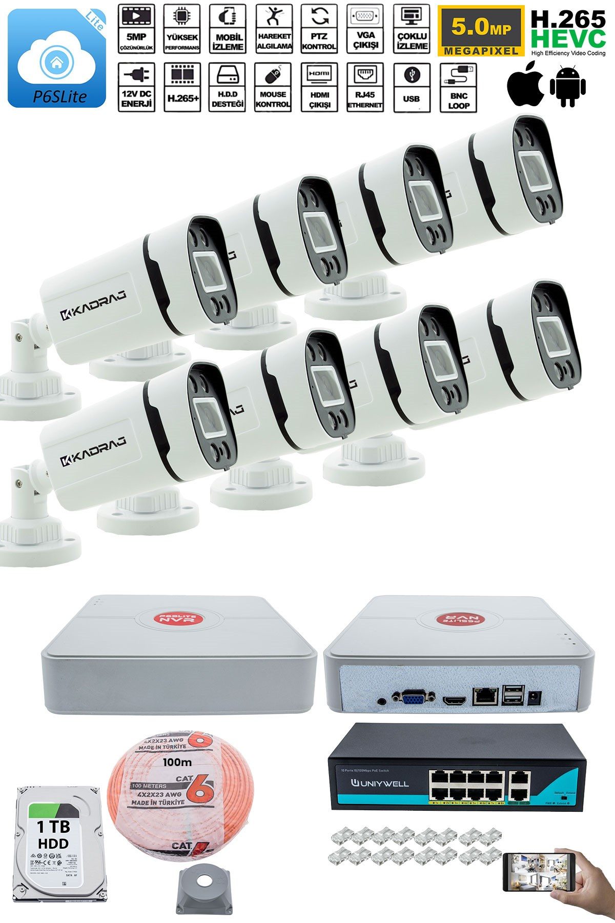 Kadraj 8'li Güvenlik IP Kamera Seti - 4MP Dış Mekan Kamera, 3.6mm Lens, H.265, PoE, Warm IR Gece Görüşü, 9 Kanal NVR, 8 Port PoE Switch, 1TB HDD ve 100 Metre - görsel 2