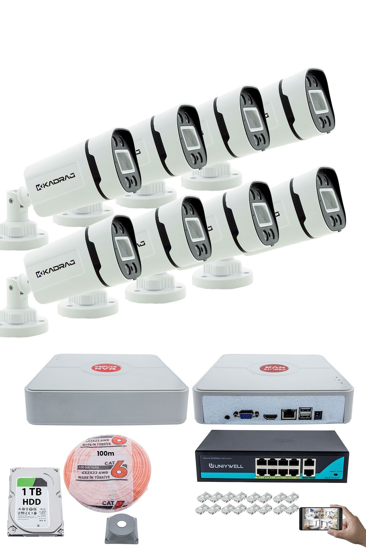 Kadraj 8'li Güvenlik IP Kamera Seti - 4MP Dış Mekan Kamera, 3.6mm Lens, H.265, PoE, Warm IR Gece Görüşü, 9 Kanal NVR, 8 Port PoE Switch, 1TB HDD ve 100 Metre