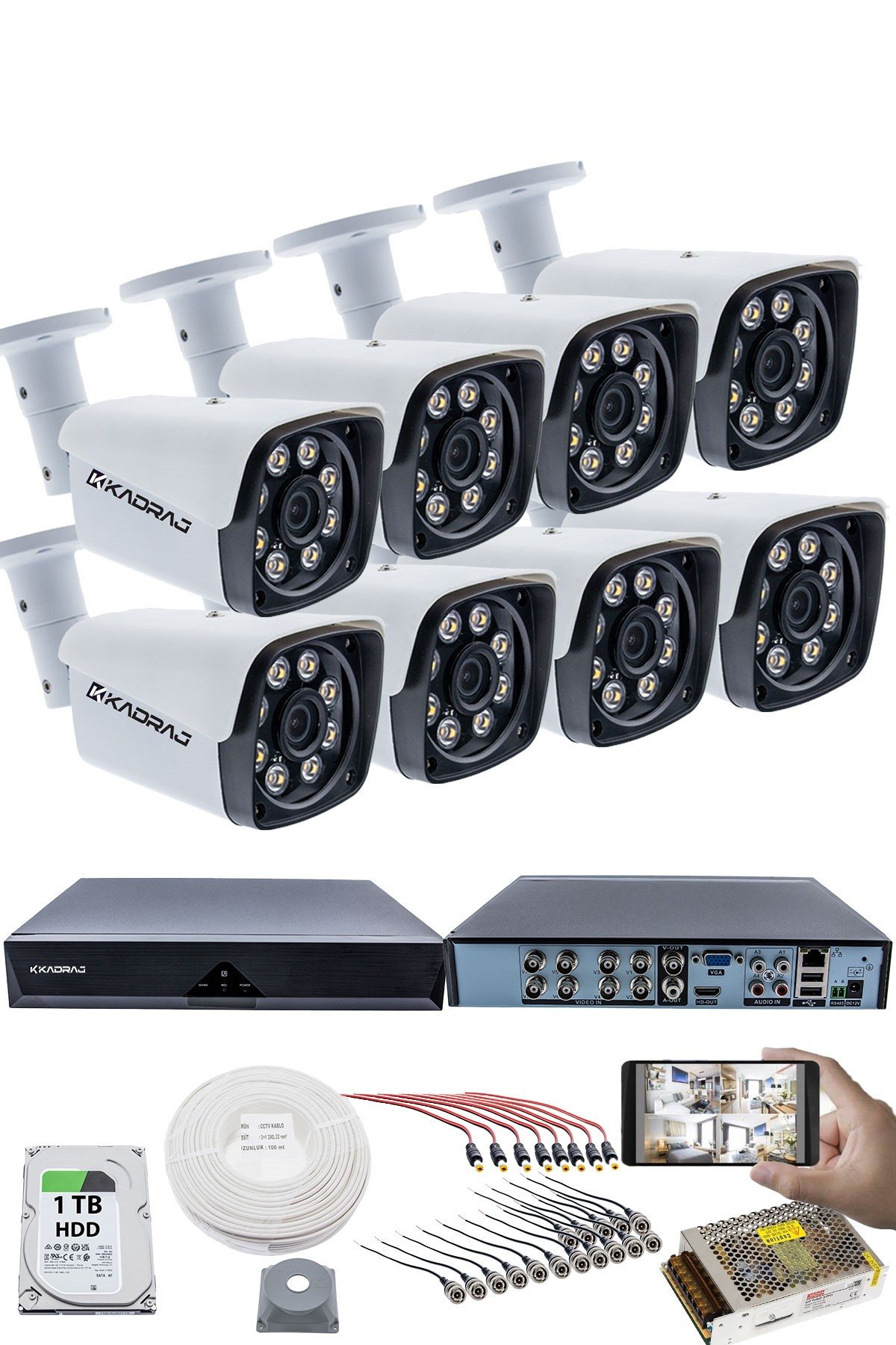 Kadraj 8'li Güvenlik Kamerası Seti - 5MP Sony SecuLensli 1080P Full HD AHD, 8 Ultra Warm LED, Gece Görüşlü, ColorVu Teknolojisi, Metal Kasa, Yüz Tanıma