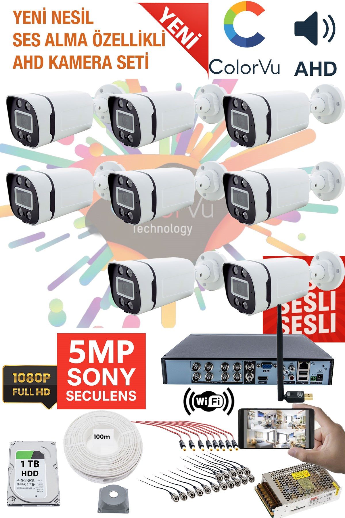 Kadraj 8'li Kamera Seti - 5MP Sony SecuLensli 1080P, 4 Warm LED, Gece Renkli, Full HD AHD Güvenlik Kamerası Seti, ColorVu, Plastik Kasa, Yüz Tanıma
