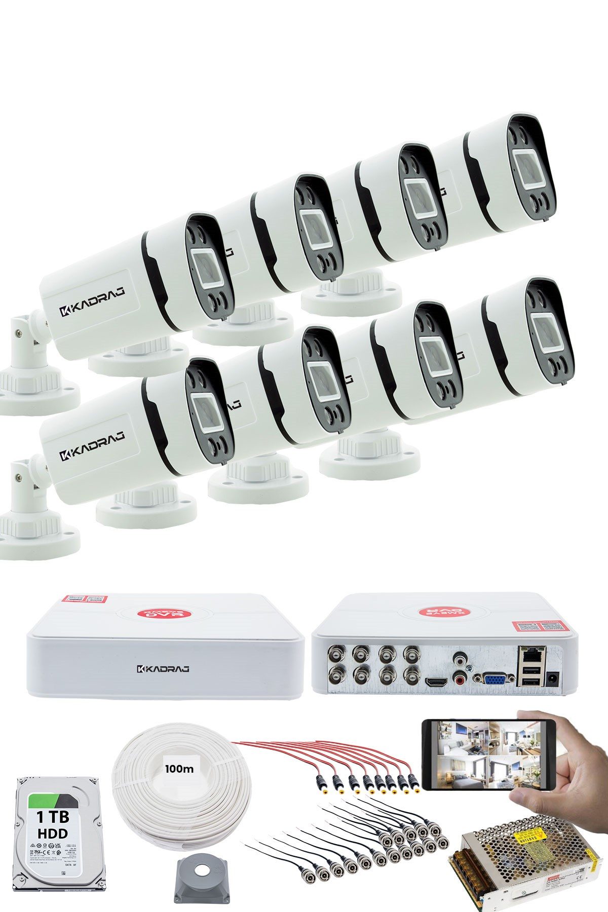 Kadraj 8'li Kamera Seti - 5MP Sony SecuLensli 1080P, 4 Warm LED, Gece Renkli, Full HD AHD Güvenlik Kamerası Seti, ColorVu, Plastik Kasa, Yüz Tanıma, V1