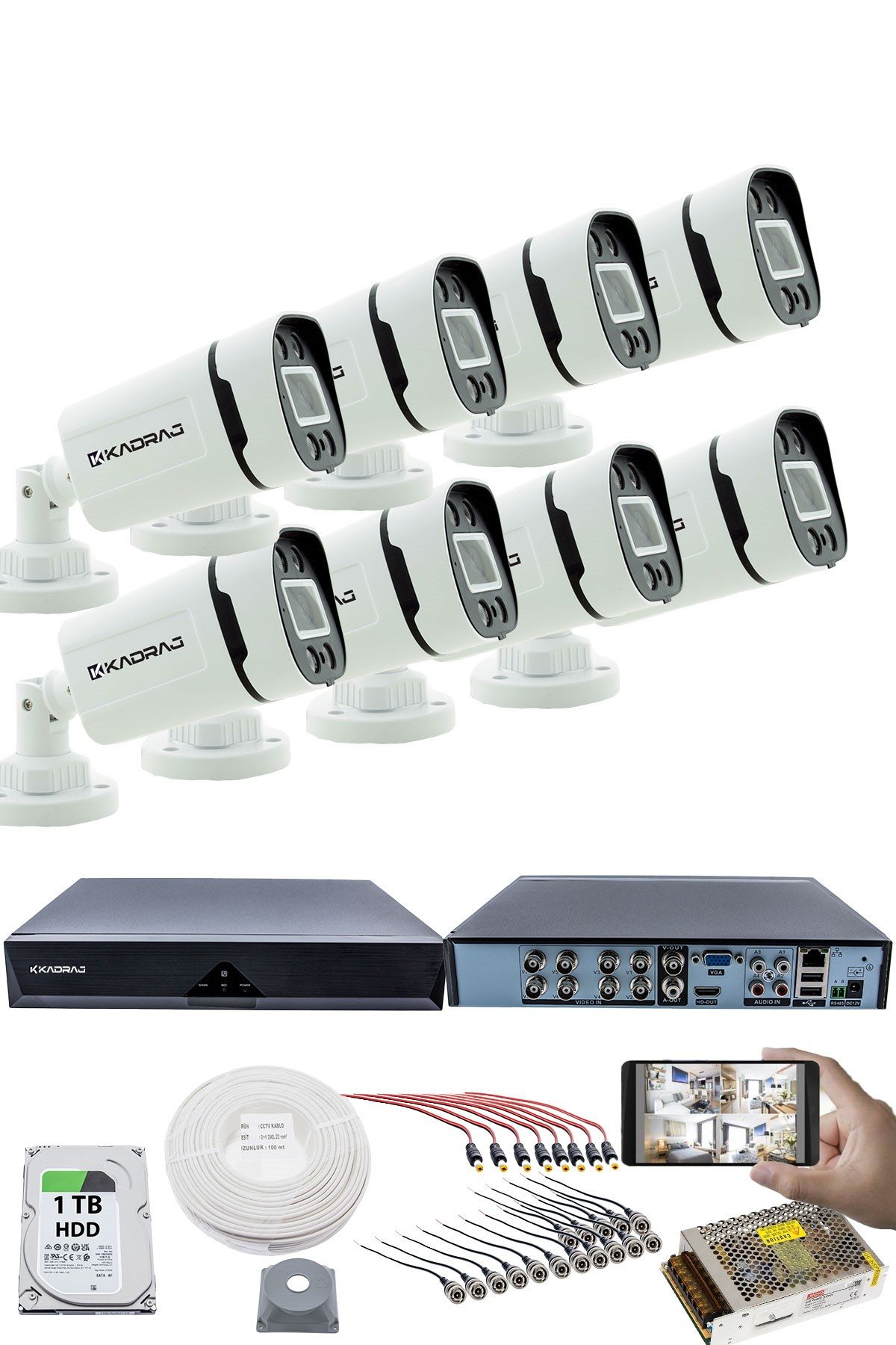 Kadraj 8'li Kamera Seti - 5MP Sony SecuLensli 1080P, 4 Warm LED, Gece Renkli, Full HD AHD Güvenlik Kamerası Seti, ColorVu, Plastik Kasa, Yüz Tanıma