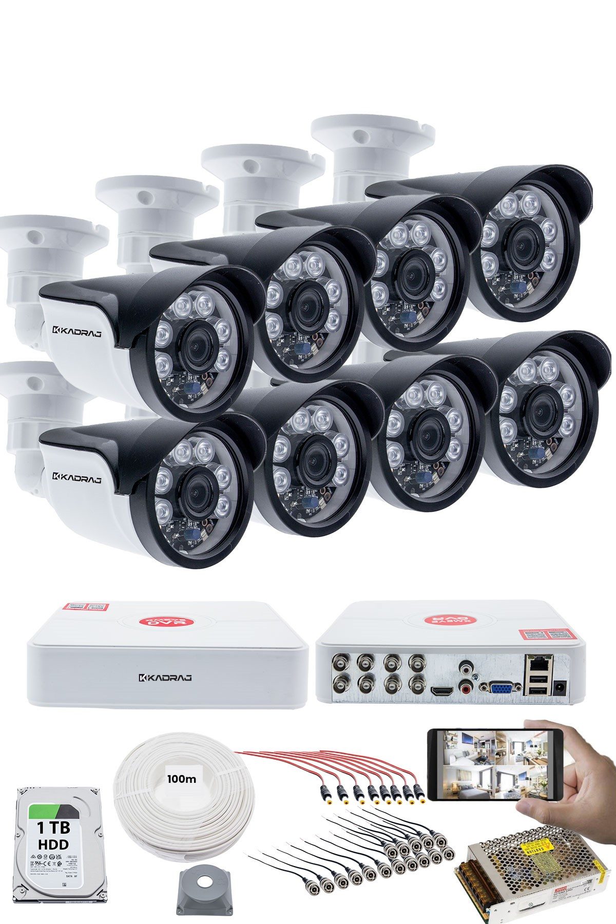 Kadraj 8'li Kamera Seti - 5MP Sony SecuLensli 1080P, 6 Atom LED, Full HD AHD Güvenlik Kamerası Seti, Gece Görüşlü, IP66 ,V1