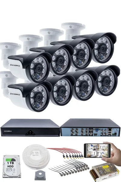 Kadraj 8'li Kamera Seti - 5MP Sony SecuLensli 1080P, 6 Atom LED, Full HD AHD Güvenlik Kamerası Seti, Gece Görüşlü, IP66 Plastik Kasa