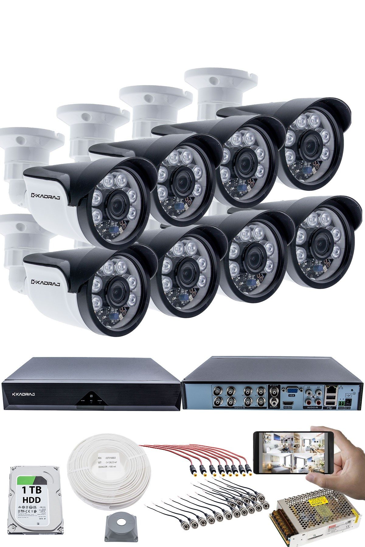 Kadraj 8'li Kamera Seti - 5MP Sony SecuLensli 1080P, 6 Atom LED, Full HD AHD Güvenlik Kamerası Seti, Gece Görüşlü, IP66 Plastik Kasa