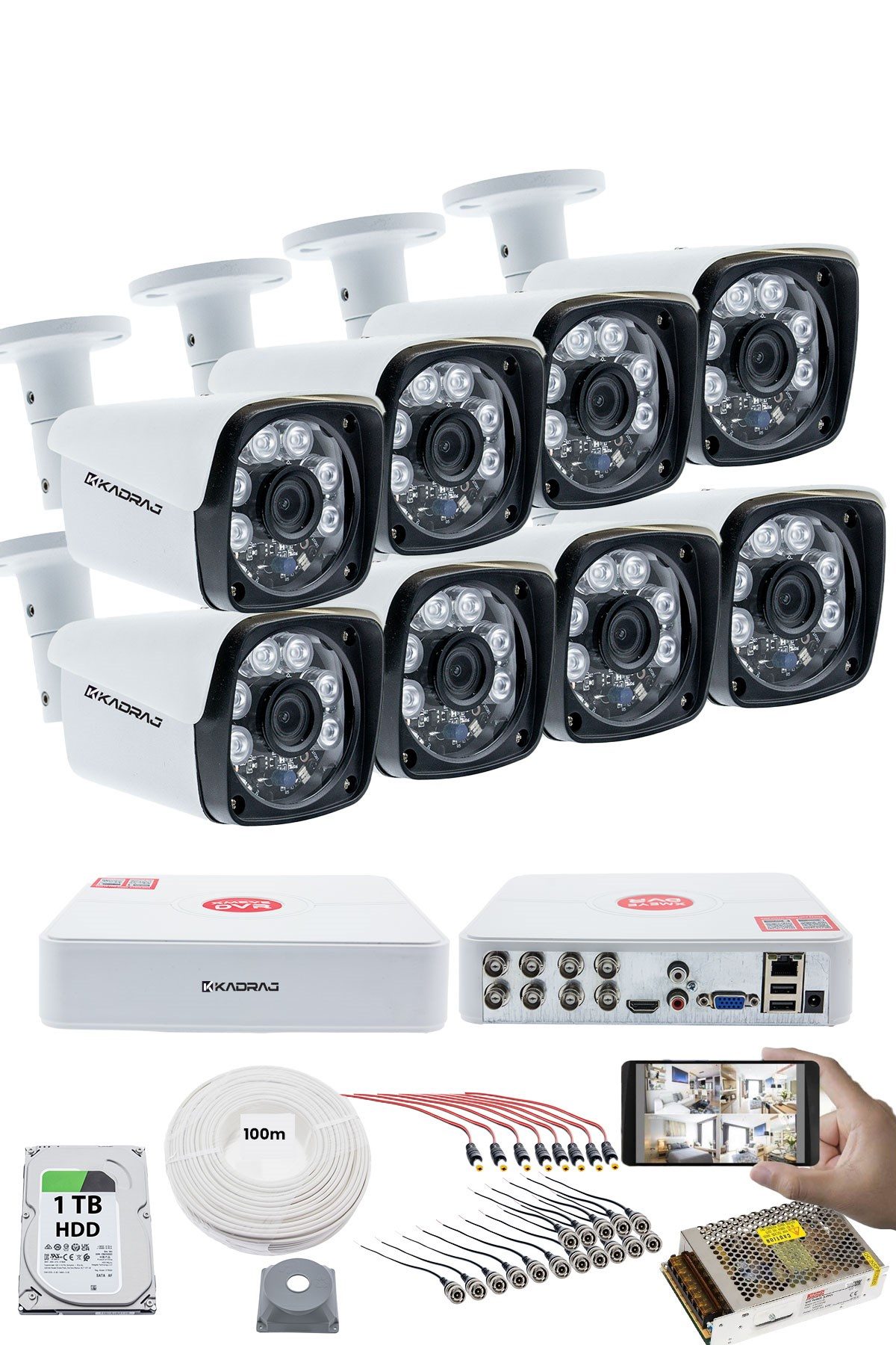 Kadraj 8'li Kamera Seti - 5MP Sony SecuLensli 1080P Full HD, 6 Atom LED, AHD Güvenlik Kamerası Seti, Gece Görüşlü, V1