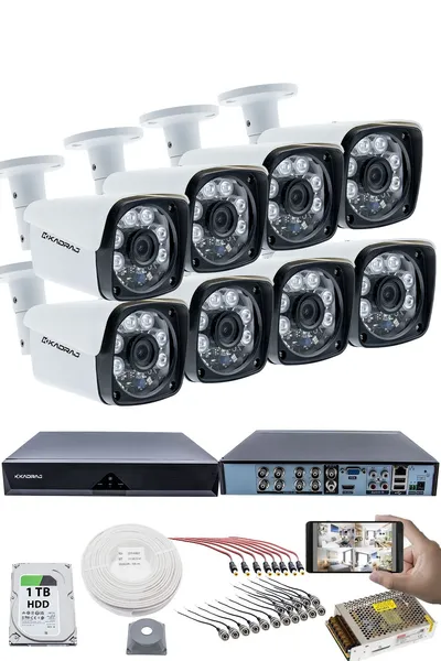 Kadraj 8'li Kamera Seti - 5MP Sony SecuLensli 1080P Full HD, 6 Atom LED, AHD Güvenlik Kamerası Seti, Gece Görüşlü, Metal Kasa