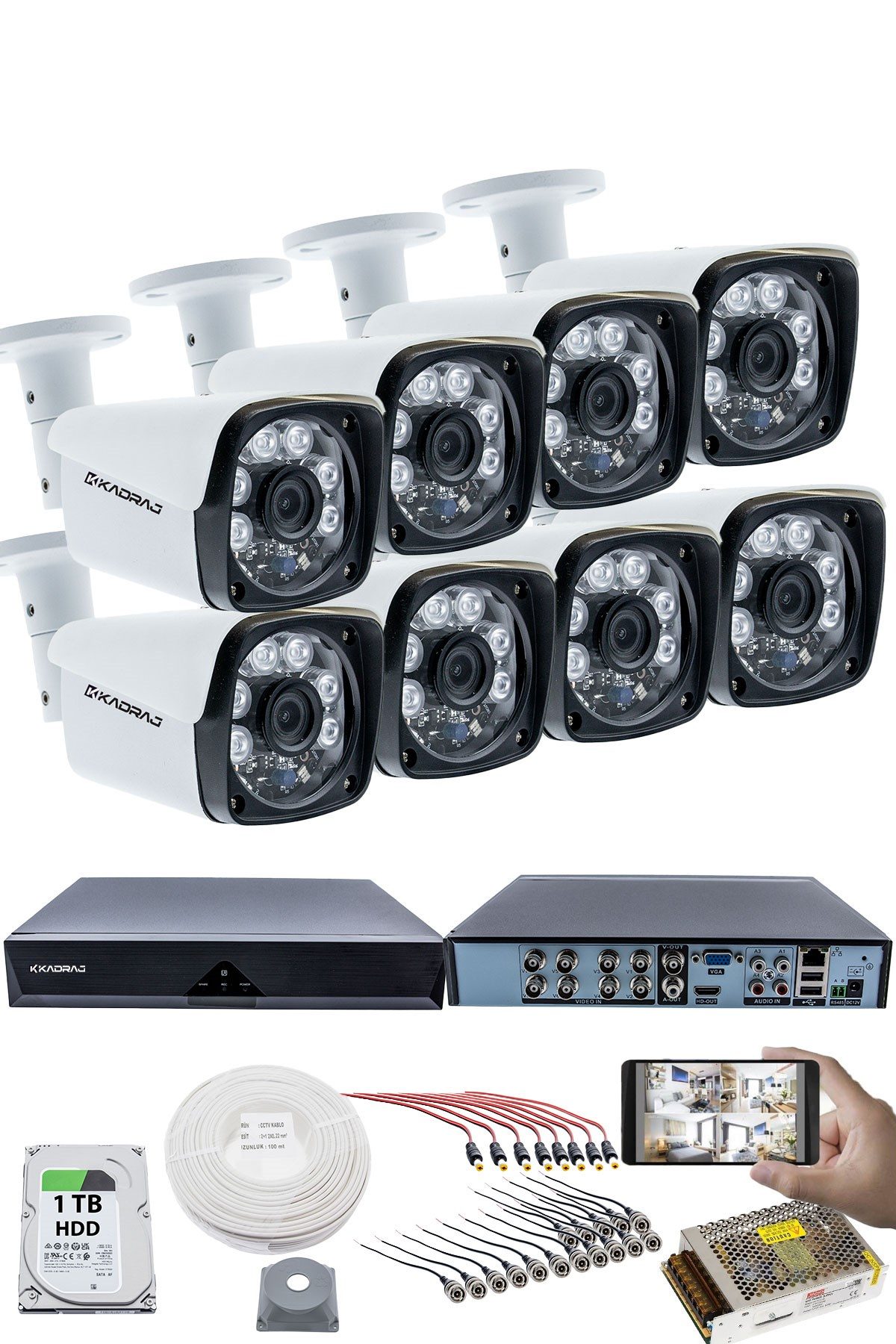Kadraj 8'li Kamera Seti - 5MP Sony SecuLensli 1080P Full HD, 6 Atom LED, AHD Güvenlik Kamerası Seti, Gece Görüşlü, Metal Kasa