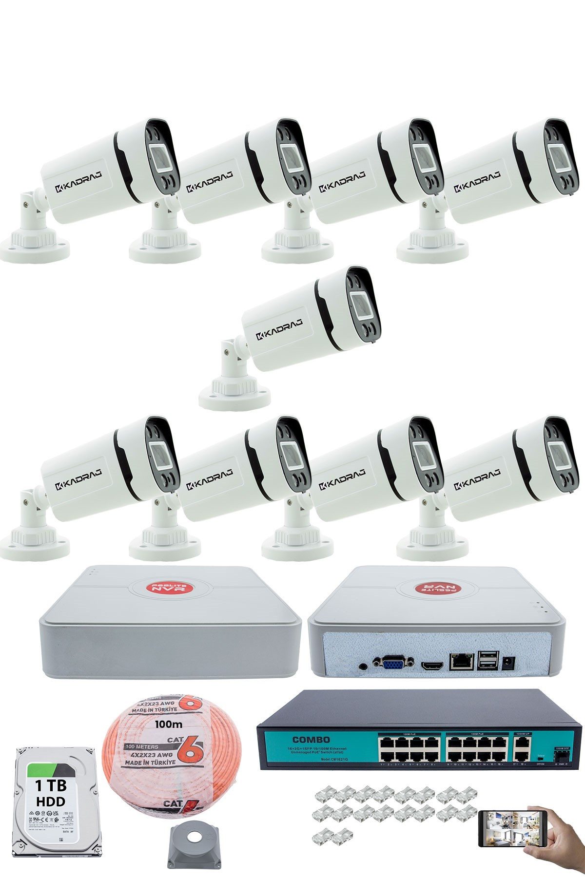 Kadraj 9 Kameralı Güvenlik IP Kamera Seti - 4MP Dış Mekan Kamera, 3.6mm Lens, H.265+, PoE, Gece Renkli Görüş, 16 Kanal NVR, 16 Port PoE Switch, 1TB HDD