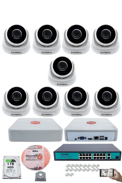 Kadraj 9 Kameralı IP Dome Güvenlik Kamerası Seti | 4MP Ultra HD, 30m Gece Görüş, Ses Alma, Uzaktan İzleme